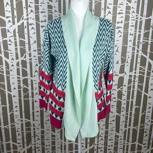 So It Is Aqua Teal Chevron Zig Zag Print Longline Open Front Cardigan sz M